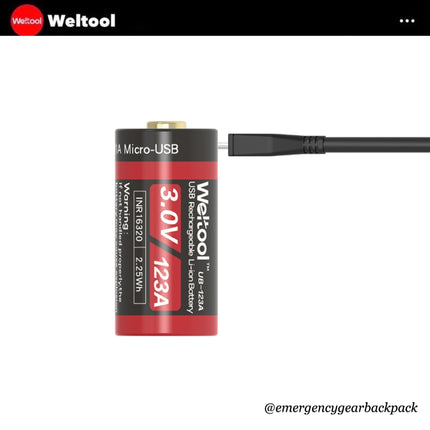 Weltool UB - 123A 750mAh 3.0V USB Rechargeable Li - ion Battery - Emergency Gear Backpack