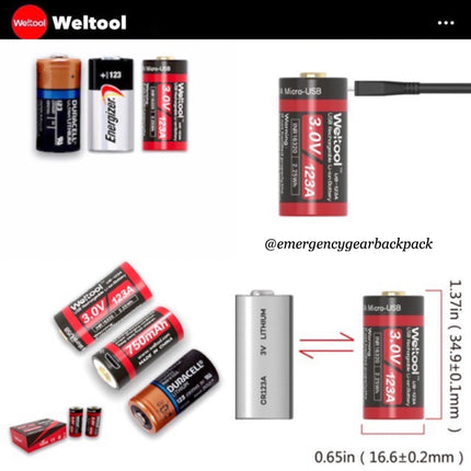 Weltool UB - 123A 750mAh 3.0V USB Rechargeable Li - ion Battery - Emergency Gear Backpack