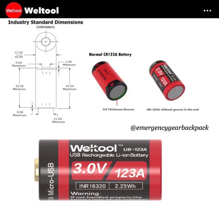 Weltool UB - 123A 750mAh 3.0V USB Rechargeable Li - ion Battery - Emergency Gear Backpack