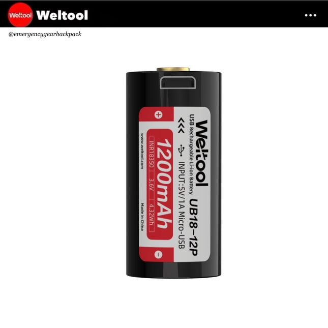 Weltool UB18 - 12P INR18350 3.6V 1200mAh 4.32Wh 8A High Drain USB - Rechargeable Li - ion Battery - Emergency Gear Backpack