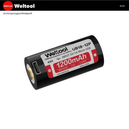 Weltool UB18 - 12P INR18350 3.6V 1200mAh 4.32Wh 8A High Drain USB - Rechargeable Li - ion Battery - Emergency Gear Backpack