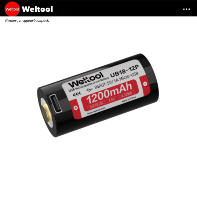 Weltool UB18 - 12P INR18350 3.6V 1200mAh 4.32Wh 8A High Drain USB - Rechargeable Li - ion Battery - Emergency Gear Backpack