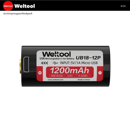 Weltool UB18 - 12P INR18350 3.6V 1200mAh 4.32Wh 8A High Drain USB - Rechargeable Li - ion Battery - Emergency Gear Backpack