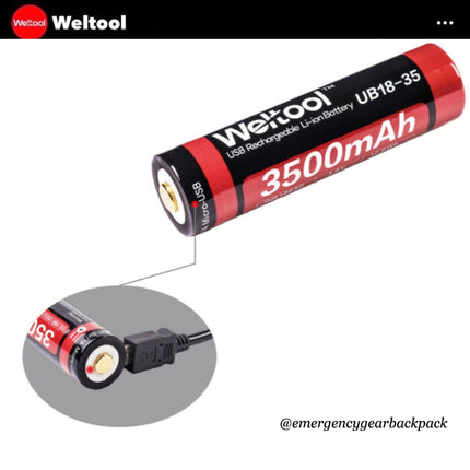 Weltool UB18 - 35 18650 3500mAh USB Rechargeable Li - ion Battery - Emergency Gear Backpack