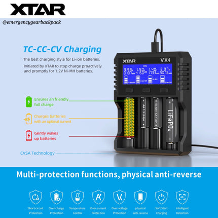 XTAR VX4 Visible Mixer – Universal Smart Battery Charger & Tester - Emergency Gear Backpack