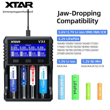 XTAR VX4 Visible Mixer – Universal Smart Battery Charger & Tester - Emergency Gear Backpack