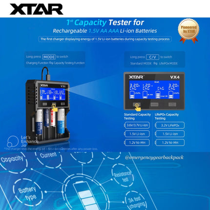 XTAR VX4 Visible Mixer – Universal Smart Battery Charger & Tester - Emergency Gear Backpack