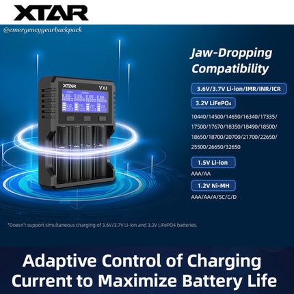 XTAR VX4 Visible Mixer – Universal Smart Battery Charger & Tester - Emergency Gear Backpack