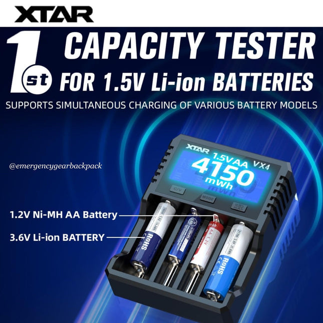 XTAR VX4 Visible Mixer – Universal Smart Battery Charger & Tester - Emergency Gear Backpack