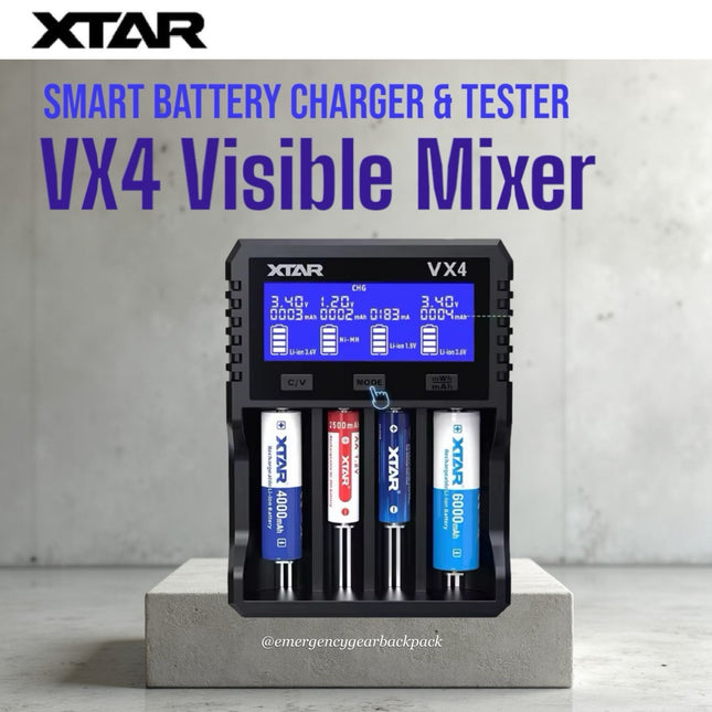 XTAR VX4 Visible Mixer – Universal Smart Battery Charger & Tester - Emergency Gear Backpack