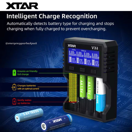 XTAR VX4 Visible Mixer – Universal Smart Battery Charger & Tester - Emergency Gear Backpack