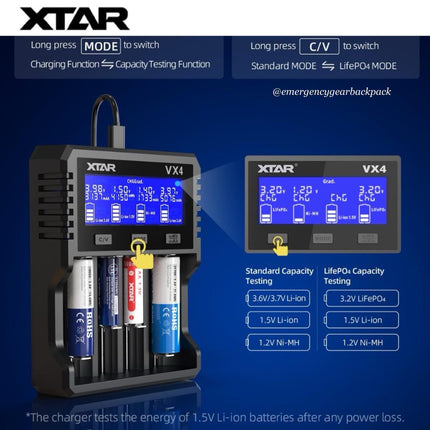 XTAR VX4 Visible Mixer – Universal Smart Battery Charger & Tester - Emergency Gear Backpack