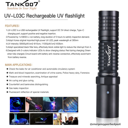 TANK007 UV-L03C NDT Forensic 365nm Rechargeable Flashlight