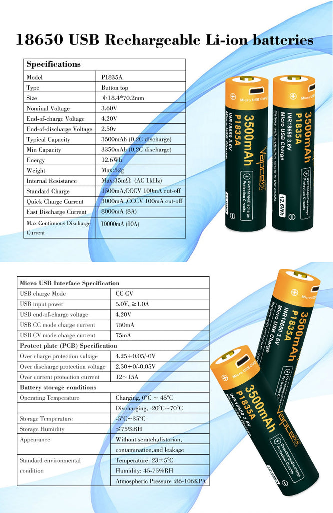Vapcell P1835A 18650 3500mAh 3.6V USB Rechargeable Li-ion Battery