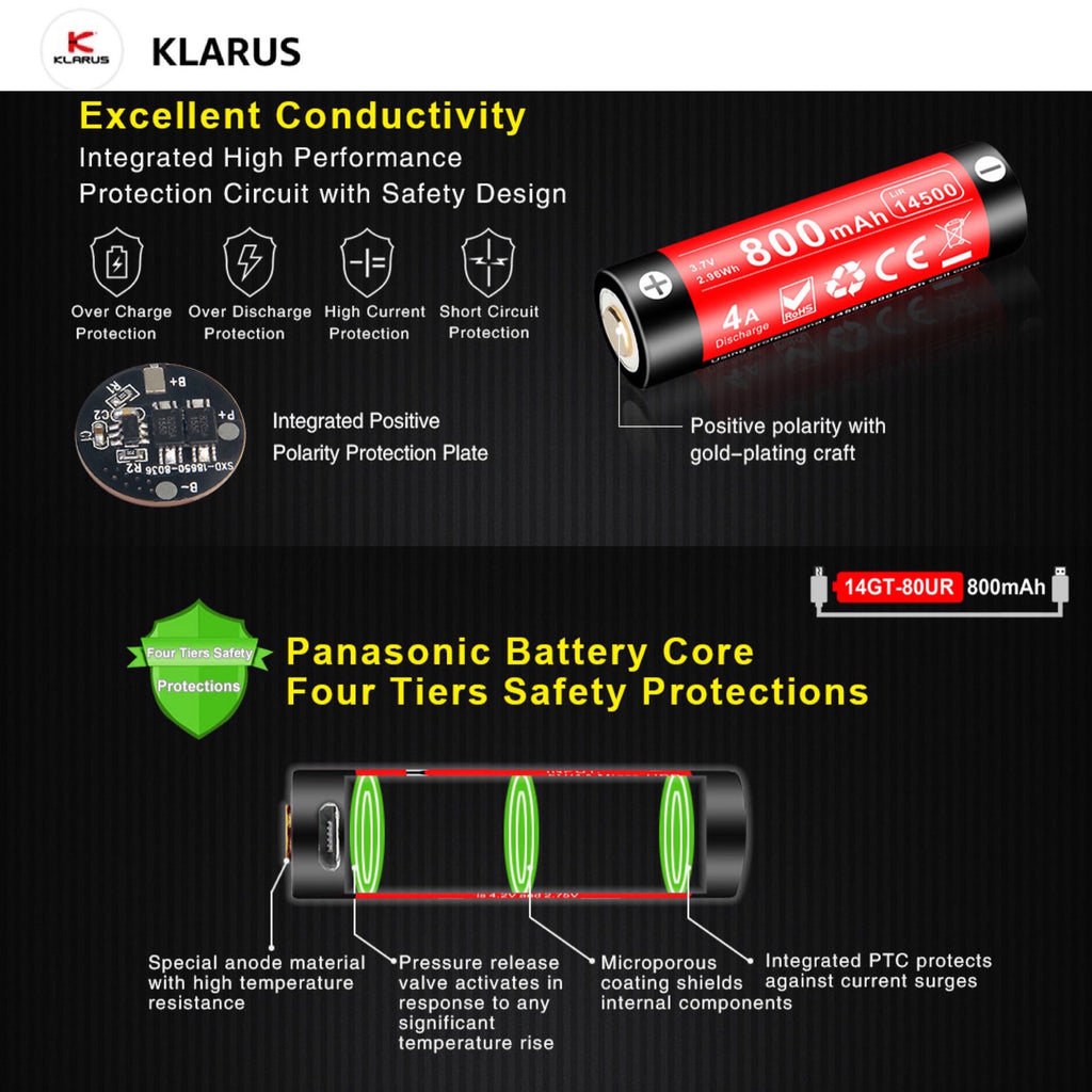 Klarus 14GT-80UR 14500 800mAh Li-ion USB Rechargeable Battery