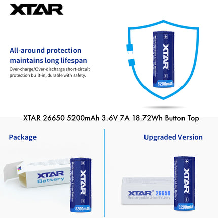 XTAR 26650 5200mAh 3.6V 7A Flat Top & Button Top Protected Rechargeable Battery