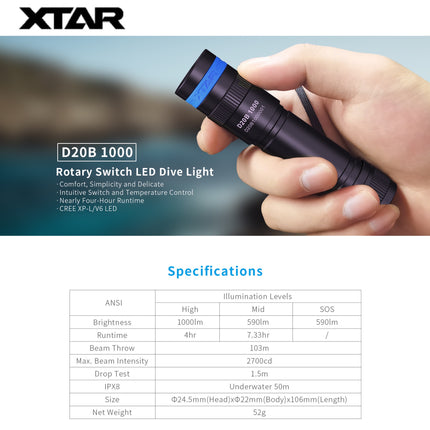 XTAR D20B 1000LMS 50M Diving Flashlight