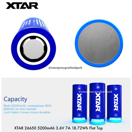XTAR 26650 5200mAh 3.6V 7A Flat Top & Button Top Protected Rechargeable Battery