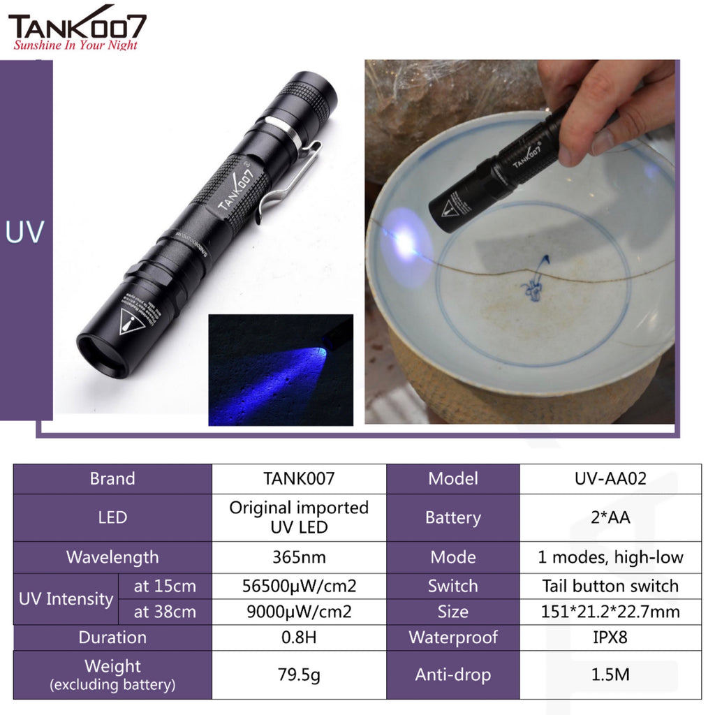 TANK007 UV-AA02 365nm 3W High Power Pure UV Flashlight