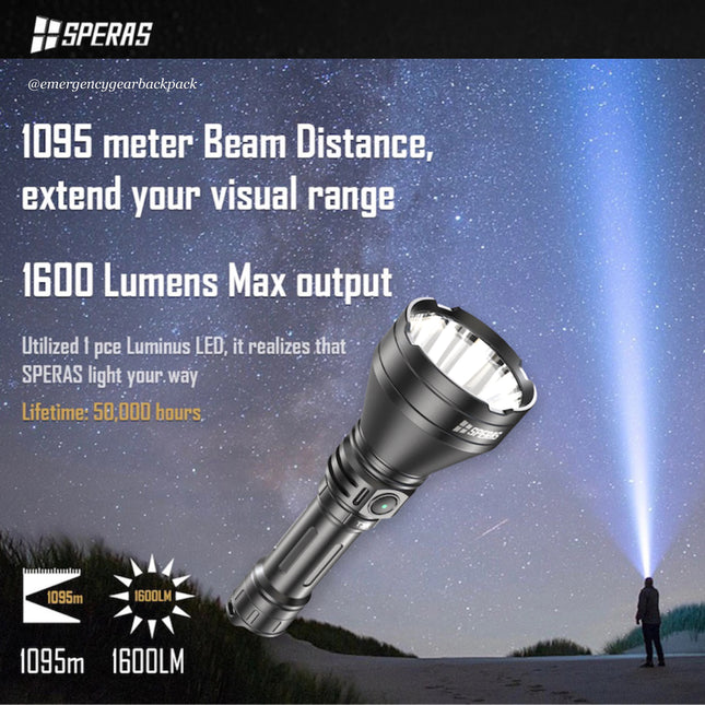 SPERAS T3R 1600 Lumens 1095M Noiseless Tactical Flashlight