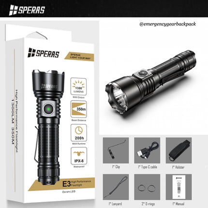 SPERAS E3  EDC Tactical Flashlight 1300 Lumens 350M
