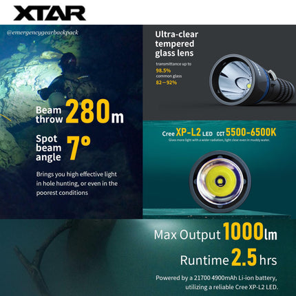 XTAR DS1 1000LMS 282M Spearfishing Diving Flashlight