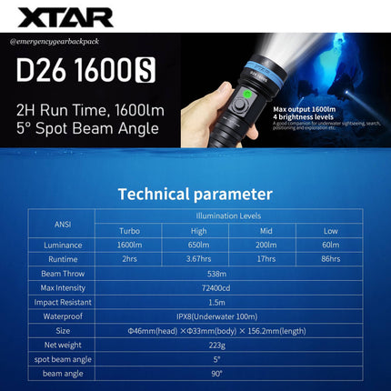 XTAR D26 1600S 100M Diving Flashlight