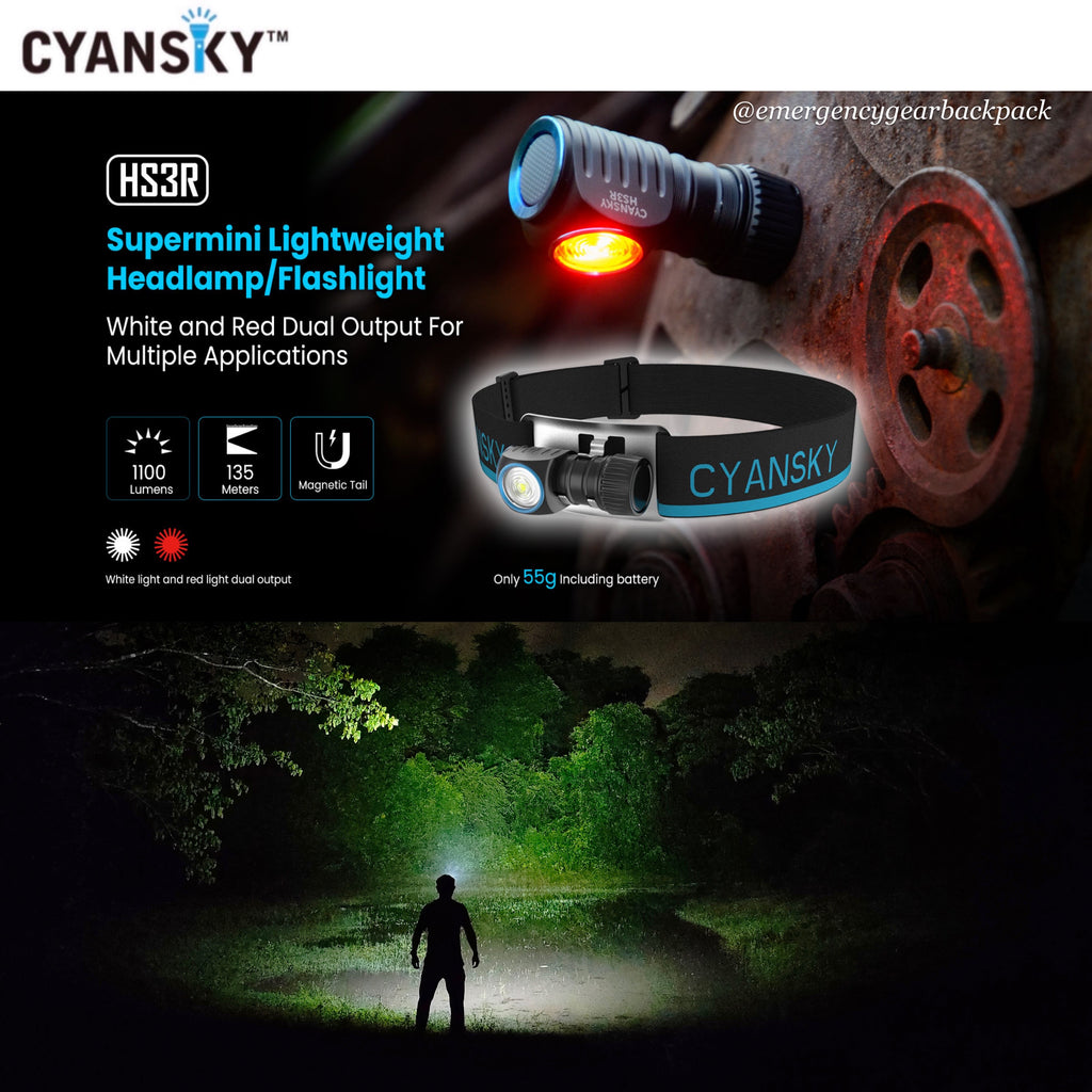 Cyansky HS3R Multifunction Headlamp 1100LMS 135M – Emergency Gear Backpack