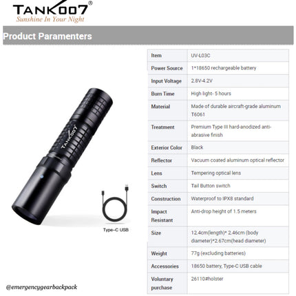 TANK007 UV-L03C NDT Forensic 365nm Rechargeable Flashlight