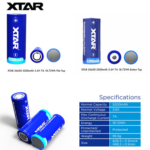 XTAR 26650 5200mAh 3.6V 7A Flat Top & Button Top Protected Rechargeable Battery