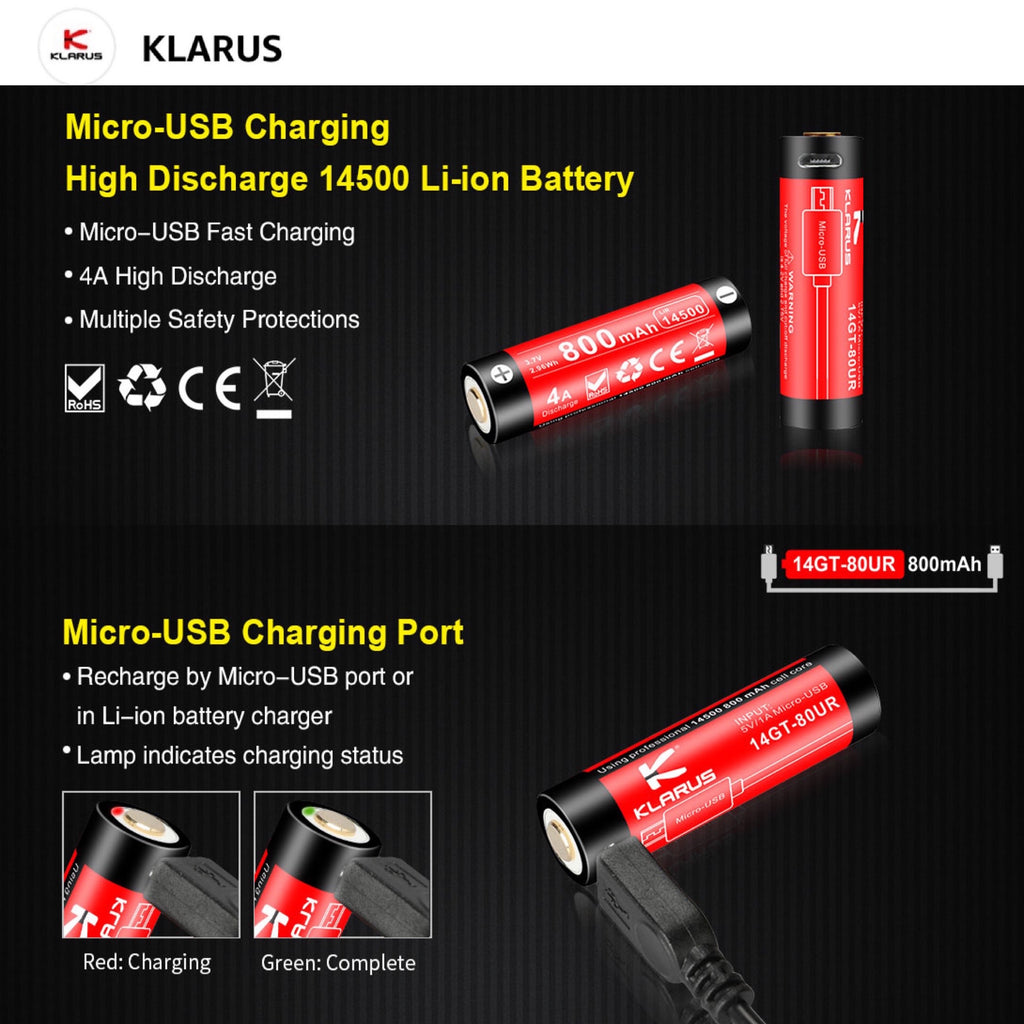 Klarus 14GT-80UR 14500 800mAh Li-ion USB Rechargeable Battery