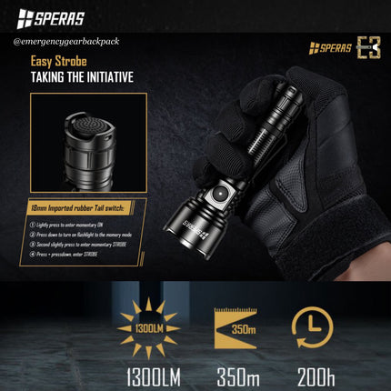 SPERAS E3  EDC Tactical Flashlight 1300 Lumens 350M