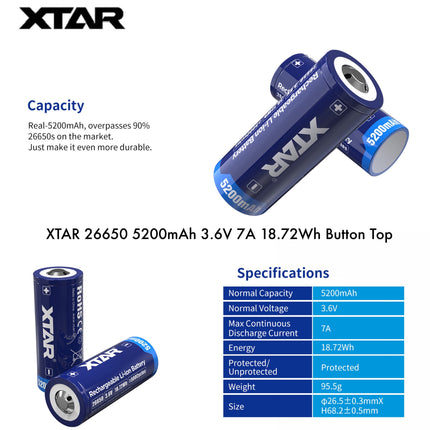 XTAR 26650 5200mAh 3.6V 7A Flat Top & Button Top Protected Rechargeable Battery