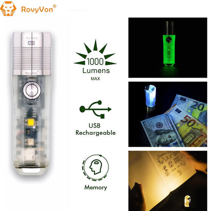 RovyVon Aurora A25 White/UV Green GITD 1000 Lumens EDC Keychain Flashlight