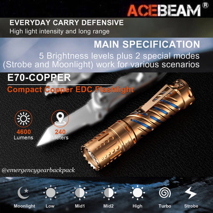 ACEBEAM E70 - CU 4600LMS 240M EDC Flashlight (ไม่รวมแบตเตอรี่) - Emergency Gear Backpack