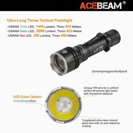 ACEBEAM L17 Ultra - long Range Flashlight (ไม่รวมแบตเตอรี่) - Emergency Gear Backpack
