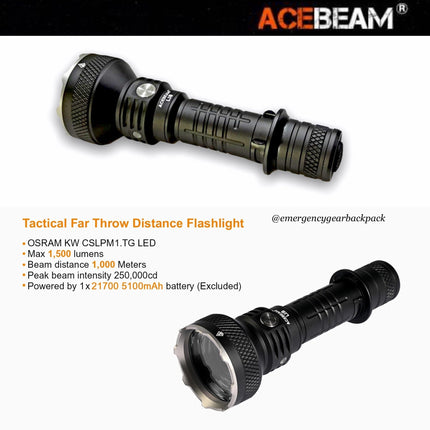 ACEBEAM L18 Tactical Flashlight 1500 Lumens 1,000M (ไม่รวมแบตเตอรี่) - Emergency Gear Backpack