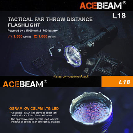 ACEBEAM L18 Tactical Flashlight 1500 Lumens 1,000M (ไม่รวมแบตเตอรี่) - Emergency Gear Backpack