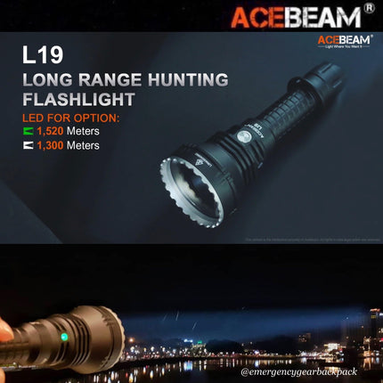 ACEBEAM L19 Long Range Flashlight 1300M (ไม่รวมแบตเตอรี่) - Emergency Gear Backpack