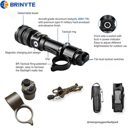 BRINYTE PT18pro Oathkeeper Tactical Flashlight 2000 LM 360M - Emergency Gear Backpack