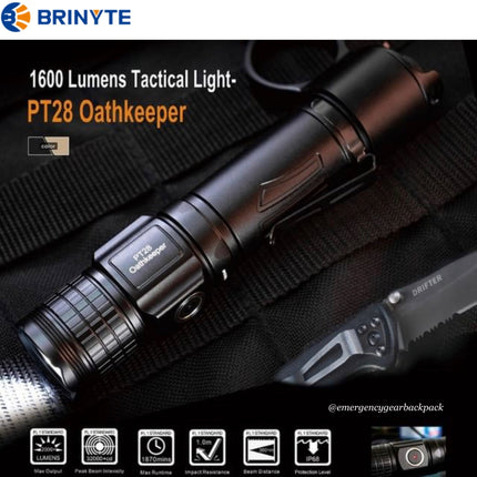 BRINYTE PT28 Oathkeeper Tactical Flashlight 1600 LM 245M - Emergency Gear Backpack