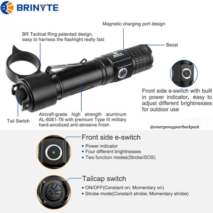 BRINYTE PT28 Oathkeeper Tactical Flashlight 1600 LM 245M - Emergency Gear Backpack