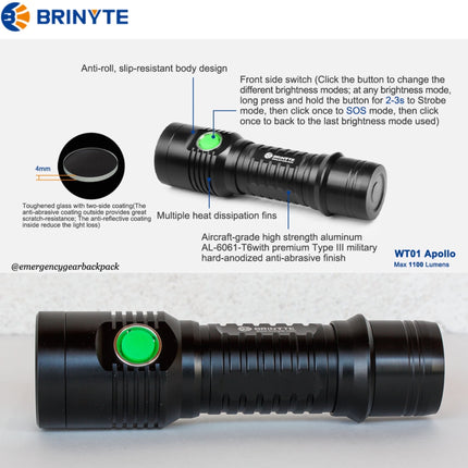 BRINYTE WT01 Apollo 1100LMS 320M Multifunction Flashlight - Emergency Gear Backpack