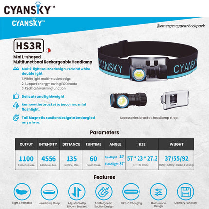 Cyansky HS3R Multifunction Headlamp 1100LMS 135M - Emergency Gear Backpack