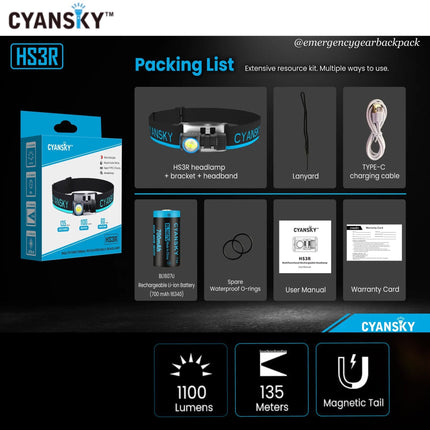 Cyansky HS3R Multifunction Headlamp 1100LMS 135M - Emergency Gear Backpack