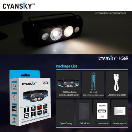 Cyansky HS6R Triple Output Headlamp 1400LMS 170M - Emergency Gear Backpack