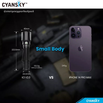Cyansky K3 V2.0 Tactical Flashlight 2000LMS 700M - Emergency Gear Backpack