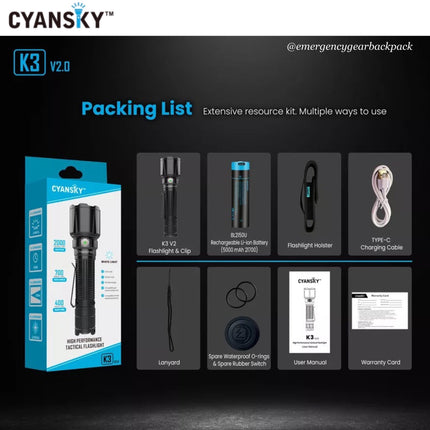 Cyansky K3 V2.0 Tactical Flashlight 2000LMS 700M - Emergency Gear Backpack