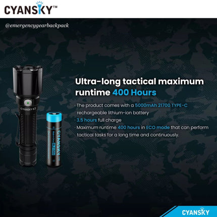 Cyansky K3 V2.0 Tactical Flashlight 2000LMS 700M - Emergency Gear Backpack