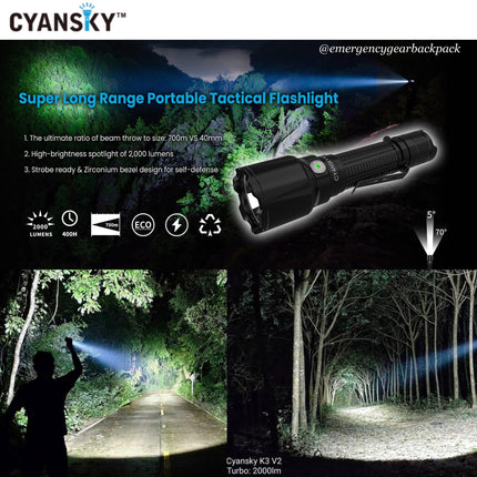 Cyansky K3 V2.0 Tactical Flashlight 2000LMS 700M - Emergency Gear Backpack